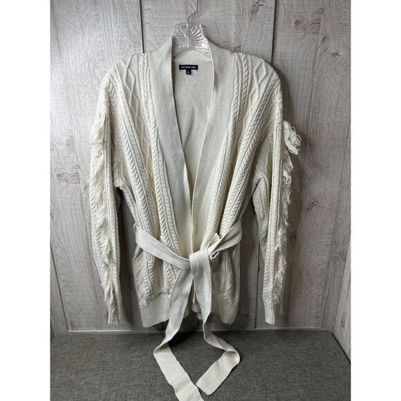 Womens Cable Knit Belted Cardigan Sweater With Fringe Detail Off-White Size L - Picture 1 of 7